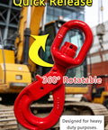 Heavy Duty Rock Solid G80 Alloy Steel Swivel Self Locking Hook 3/8 Inch, red, 360° rotatable for heavy lifting.