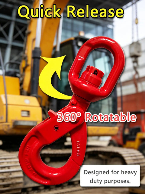 Heavy Duty Rock Solid G80 Alloy Steel Swivel Self Locking Hook 3/8 Inch, red, 360° rotatable for heavy lifting.