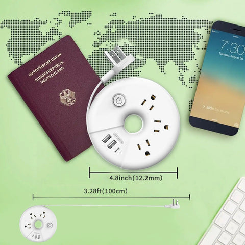 Must Have Travel Power Strip with three outlets and three USB ports including USB C, cruise approved, compact white, shown with passport.