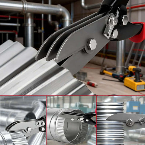 5 Blade Hand Crimper For Sheet Metal 24 28 Gauge Ductwork HVAC Crimping Tool demonstrating crimping on metal duct.