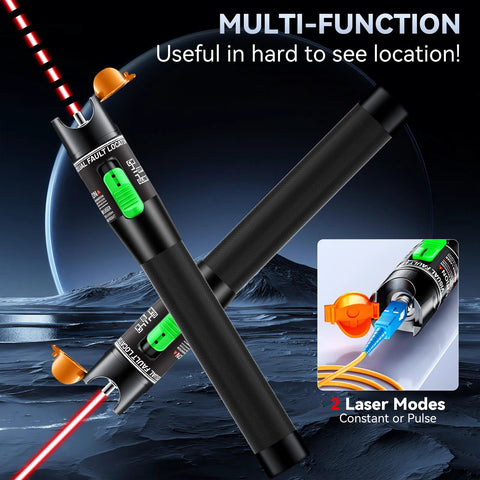 Front view of Amazon Visual Fault Locator 30KM VFL fiber optic tester with two black handles, green switch, red laser, FC LC adapters