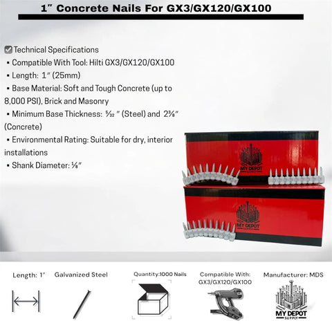 One Inch Concrete Nails For Heavy Duty Framing And Masonry, 1000 Count, product packaging with technical specifications