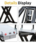 Close-up of the Rock Solid Heavy Duty Electric Hydraulic Scissor Lift Table Cart 660 Pounds Capacity showing hydraulic mechanism and control panel.