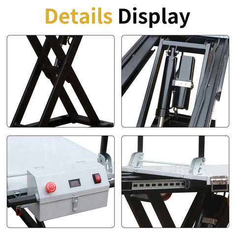 Close-up of the Rock Solid Heavy Duty Electric Hydraulic Scissor Lift Table Cart 660 Pounds Capacity showing hydraulic mechanism and control panel.