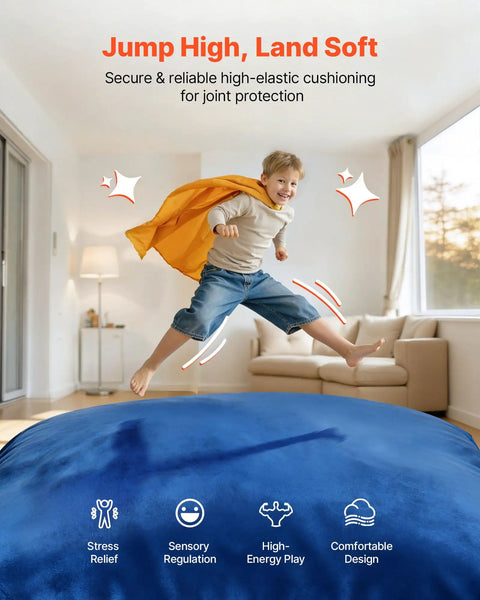 Big 5x5 Ft Sensory Crash Pad For Kids With Foam Blocks And Washable Cover Giant Soft Foam Landing Mat For Jumping Climbing Relaxing And Play In The Sensory Room Durable Cushioned Safety Pad For Home Gym, boy jumping on blue pad