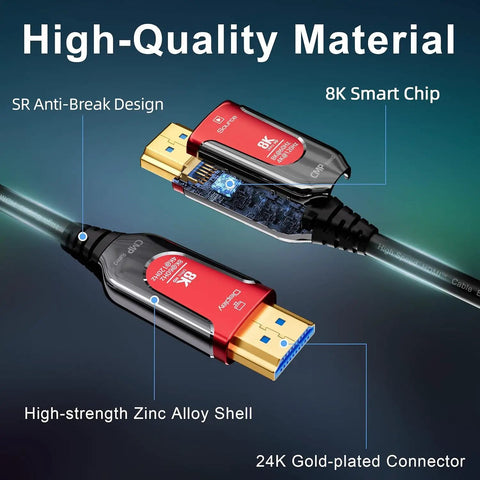 Heavy Duty 65 Foot Fiber Optic HDMI 2.1 Plenum Rated CMP In Wall Cord with 8K smart chip and durable connectors.