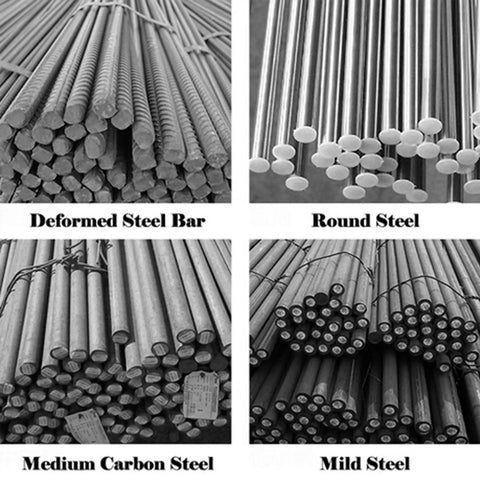 Deformed steel bars and round steel rods displayed, alongside medium carbon and mild steel for construction use.