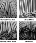 Various steel rods including deformed steel bar, round steel, medium carbon steel, and mild steel for construction use.
