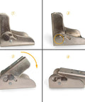 Built Tough 90 Degree Auto Locking Folding Bracket For Tables And Beds Nickel Plated Steel Hinge Snap Tight Leg Mount Support Hardware Upgrade Smooth Silver Finish with spring mechanism detail, shown in four position images.