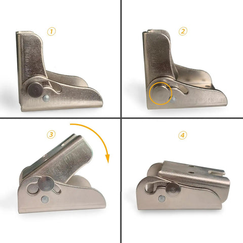 Built Tough 90 Degree Auto Locking Folding Bracket For Tables And Beds Nickel Plated Steel Hinge Snap Tight Leg Mount Support Hardware Upgrade Smooth Silver Finish with spring mechanism detail, shown in four position images.