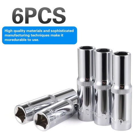 Six Piece 10 Millimeter Deep Socket Set, 6 Point, Three Eighths Inch Drive, Chrome Vanadium Steel, built tough and budget friendly.