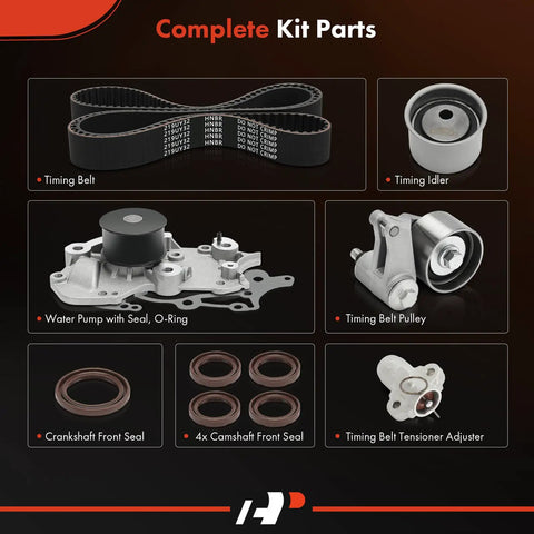 Beefed Up Engine Timing Belt Kit With Water Pump For Kia And Hyundai 2.7L V6, Fits Optima 2006-2009, Santa Fe 2007-2009, Rondo 2007-2012, with parts displayed