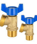 Two brass boiler drain valves with blue 1/4-turn handles; 1/2 in MIP x 3/4 in MHT, 2-pack.