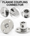 Four 6mm Flange Shaft Couplings With Set Screws And Wrench Heavy Duty Rigid Shaft Couplers For RC Cars 3D Printer Motors CNC And DIY Projects Includes Screws And Tool, showing steel connectors with multiple holes and smooth finish.