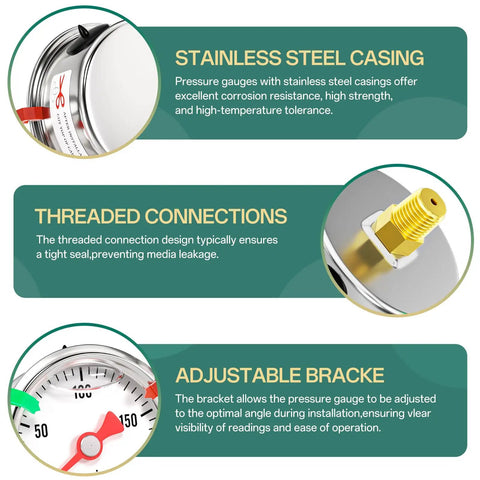 Stainless Steel Liquid Filled Pressure Gauge Back Mount Built Tough For Water Oil And Air Testing One Eighth Inch NPT Dial Features