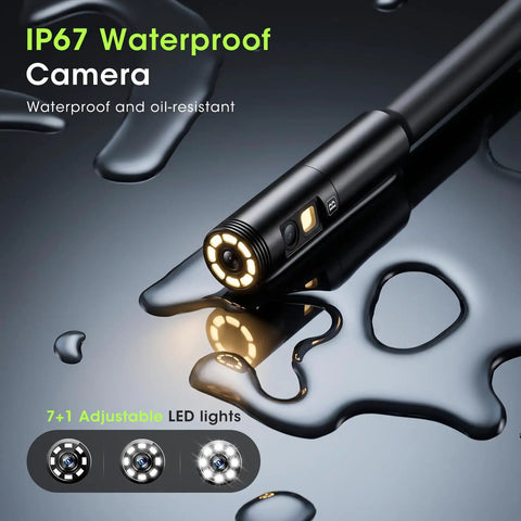 Triple Lens Endoscope For Auto And Home Repairs Engine Drain Inspection HD Waterproof Camera With IP67 Rating Great For Plumbing HVAC And DIY Diagnostics Pro Grade Sewer And Drain Inspection Tool, close-up of black waterproof camera