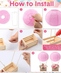 Step-by-step guide to assemble 8 Sets Pink Hot Air Balloon Centerpieces Kit with 8 inch lanterns, crates, sticks, and bows.