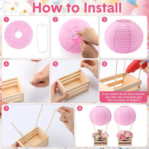 Step-by-step guide to assemble 8 Sets Pink Hot Air Balloon Centerpieces Kit with 8 inch lanterns, crates, sticks, and bows.