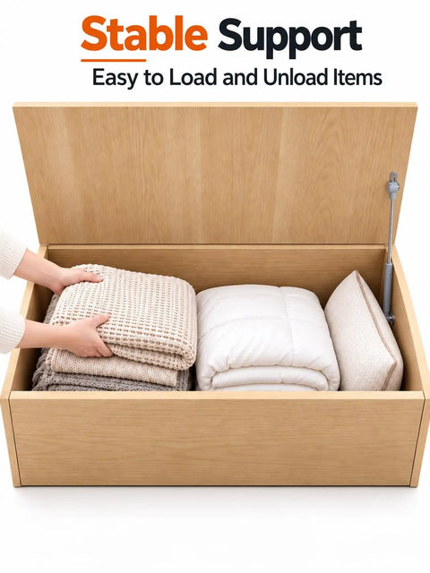 Top Tier Toy Box Hinges 2 Pack With 150N Soft Close Gas Struts For Heavy Lids, wood toy box open with blankets inside.
