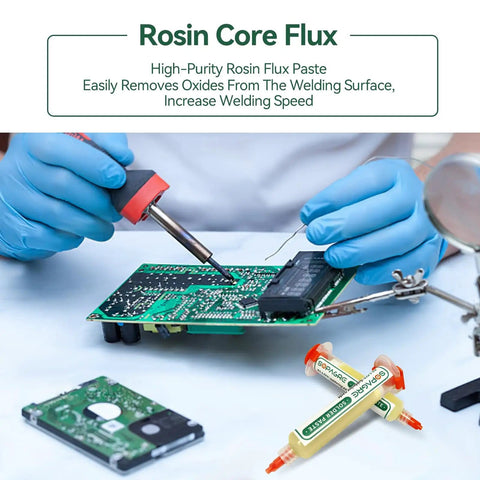 Technician using No Clean Solder Flux Paste 10G For Electronics Repair High Activity Rosin Formula That Eats Oxide on PCB