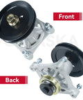 Front and back view of Two Pack Spindle Assembly With Pulley 603987 And Belt 793828 For Hustler Raptor 42 Mowers Replacement 604214 Spindle Kit