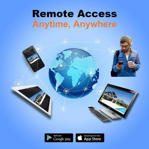 Remote access concept for 4 Channel Hybrid Security System With 5 In 1 DVR NVR Supports HD TVI CVI AHD IP H265 H264 Compression Local 2TB HDD Included 1080P HDMI And VGA Output Handy Phone Apps For Home And Office Works With 5MP Analog And 4MP IP Cameras No PoE