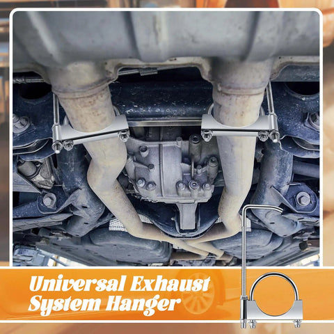 Under-car view of 2.5 Inch Universal Exhaust Clamp With Hanger, Heavy Duty Muffler Hanger Kit, Galvanized Steel, mounted on exhaust pipe