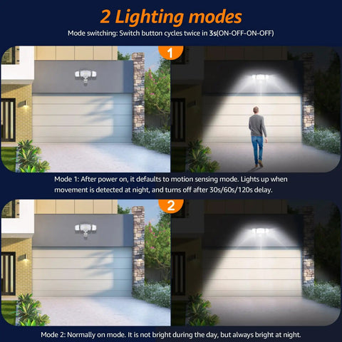 Motion Sensor Outdoor Flood Lights LED 60W 6200LM IP65 Waterproof 6500K with 3 adjustable heads illuminating garage entrance