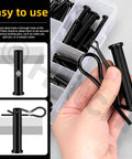Hand holding parts from 100 Piece Clevis Pins Kit With 10 Sizes M5 M6 M8 M10 M12 Plus Cotter Pins And Hair Pins, kit visible