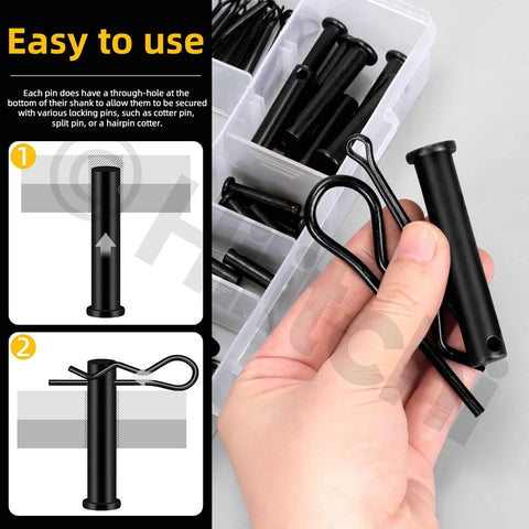 Hand holding parts from 100 Piece Clevis Pins Kit With 10 Sizes M5 M6 M8 M10 M12 Plus Cotter Pins And Hair Pins, kit visible