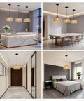 Totally Vibe Ready 2 Pack Rattan Pendant Lights in modern kitchen, dining, hallway, and bedroom settings, handwoven wicker design.