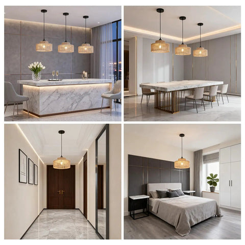 Totally Vibe Ready 2 Pack Rattan Pendant Lights in modern kitchen, dining, hallway, and bedroom settings, handwoven wicker design.