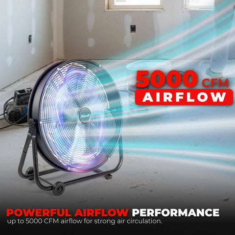 High Velocity 24 Inch Industrial Shop Drum Fan With Tilt Head, Rolling Floor Fan For Garage Gym Or Commercial Use, delivering 5000 CFM airflow