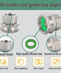 Heavy Duty 304 Stainless Steel Female to Female Garden Hose Adapter 3/4 GHT to 1/2 NPT Fitting Quick Swivel Connector Double Hose Fitting Green Thumb Style Leak Free Easy Install, 304 stainless steel adapter with silicone seal