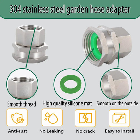 Heavy Duty 304 Stainless Steel Female to Female Garden Hose Adapter 3/4 GHT to 1/2 NPT Fitting Quick Swivel Connector Double Hose Fitting Green Thumb Style Leak Free Easy Install, 304 stainless steel adapter with silicone seal