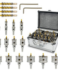 20-Piece TCT Hole Saw Kit with carbide bits, range 1/2 to 2-1/4 inch, includes pilot drills, wrenches, aluminum case