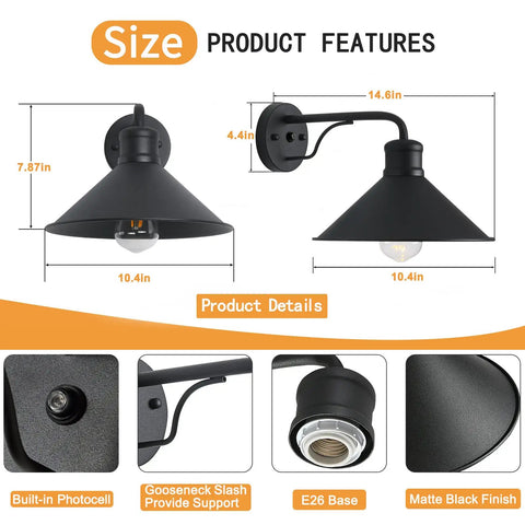 No Fuss Smart Dusk To Dawn Sensor Wall Sconce Outdoor Lighting Fixture Industrial Matte Black Exterior Barn Light For Patio Porch Doorway Garage Entryway Two Pack size and features details