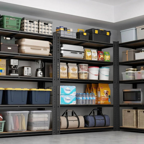 Beefed-Up Heavy Duty 5 Tier Adjustable Metal Shelving Unit With 2500 Lbs Capacity Ultra Sturdy Storage Rack For Garage Warehouse Pantry Closet And Kitchen Organization filled with pantry and storage bins