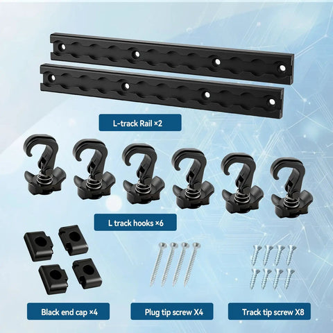 12 Inch L Track Tie Down System Kit, Heavy Duty Aluminum Cargo Track With 6 360 Degree Rotating Stud Fittings, shown in parts layout.