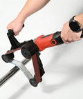 Top Shelf Heavy Duty Pipe And Tube Polisher With Fifty Sanding Belts 800W Variable Speed Motor being used for sanding metal tube.