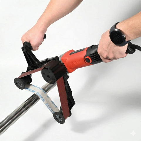 Top Shelf Heavy Duty Pipe And Tube Polisher With Fifty Sanding Belts 800W Variable Speed Motor being used for sanding metal tube.