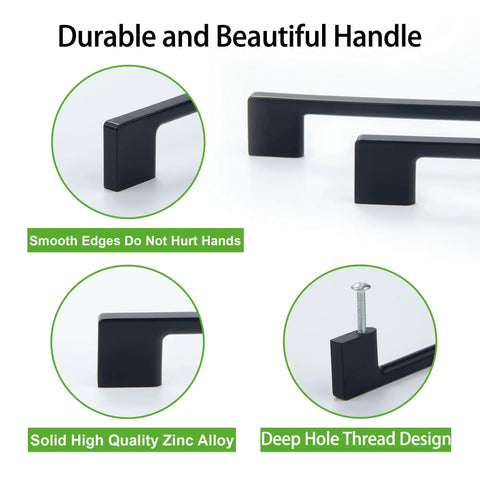 Rock Solid Matte Black Cabinet Handles And Drawer Pulls Bringing A Clean Five Inch Screw Layout Cast From Heavy Duty Zinc Alloy For Quick Kitchen Cupboard And Furniture Fix Ups Delivered With A Silky Grip Feel And Year Round Stamina At A Wallet Friendly, focusing on smooth edges and deep hole thread design.