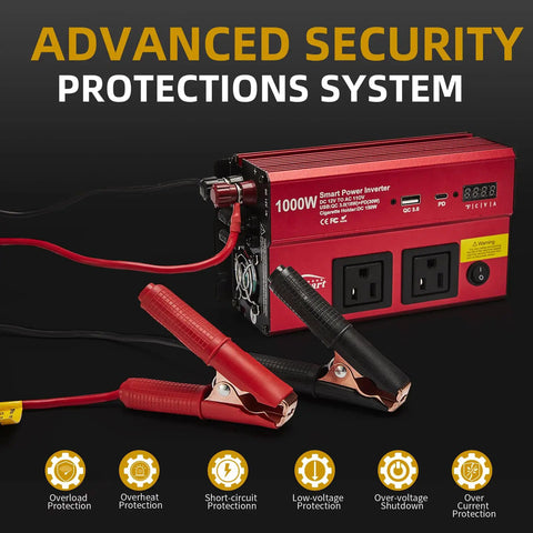 1000 Watt DC To 110V AC Vehicle Power Inverter With Dual AC Outlets USB C PD 30W Fast Charge Inline Cigarette Adapter For Slick Rig And Backroad Use with red clips.