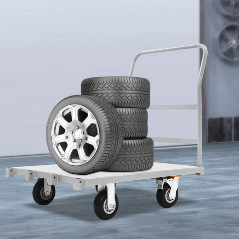 Heavy Duty Platform Cart That Feels Like a Workhorse, Steel Frame With Detachable Base, 2000 Lbs Capacity, Four Double Bearing Casters With 360 Degree Spin, Two Lockable Wheels, Smooth Maneuvering For Warehouse And Shop Floor, loaded with stacked tires