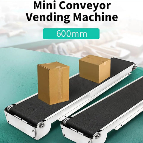 Built Different Desktop Conveyor Belt With Quick Speed Dial And Hella Smooth Anti Static Design For Zero Hassle Package Moving In Home Shops And Tiny Warehouses, showing two 600mm conveyor belts with cardboard boxes.