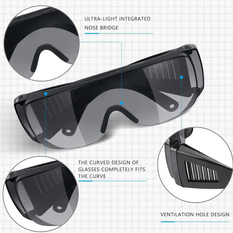 Close-up of 4 Pairs UV Resistant Safety Glasses Anti Fog Protective Eyewear for Indoor Outdoor Use, showing nose bridge and side vents.
