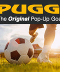 Person playing soccer on grassy field, close-up of foot and ball, text 'PUGG The Original Pop-Up Goal' above.