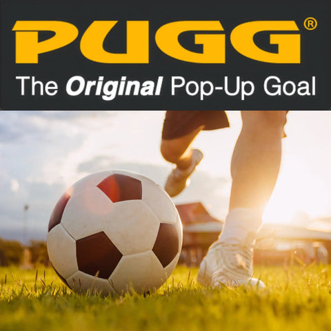 Person playing soccer on grassy field, close-up of foot and ball, text 'PUGG The Original Pop-Up Goal' above.