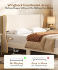 Queen Size Bed Frame With Wingback Headboard Upholstered In Beige Corduroy Fabric plush design features mattress stopper to prevent slipping.