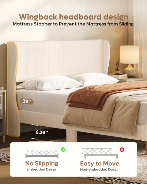 Queen Size Bed Frame With Wingback Headboard Upholstered In Beige Corduroy Fabric plush design features mattress stopper to prevent slipping.
